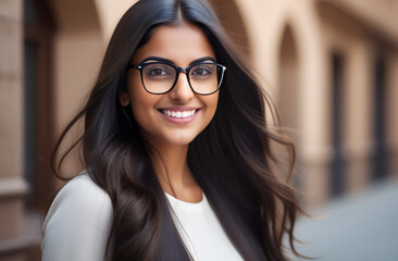 Indian girl with long dark straight hair looks at the camera and smiles