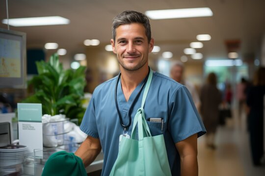 a volunteer medic girl stands in a hospital corridor in a robe and a smile on her face concept: medical volunteers, hospital orderly