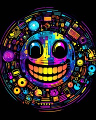 Fototapeta premium Neon Emoticone t-shirt design in vector art style on black background