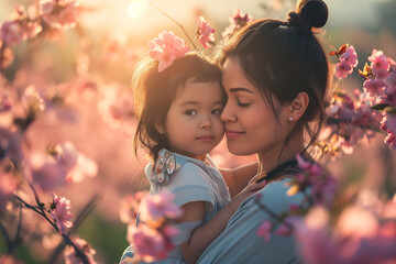 Fototapeta premium Closeup of a young mother day concept and her little daughter. family outdoor park. Mom playing with her little cute child.