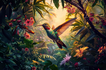 Hummingbird Hovering Amongst Tropical Flowers