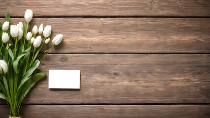 Bouquet of white tulips with an empty note on a wooden background with copyspace. 