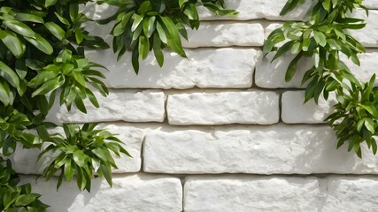 White textured stone wall with green plants