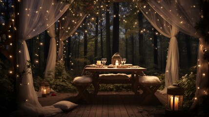 A captivating background showcasing a secluded forest clearing adorned with glowing fairy lights and a canopy of stars, perfect for intimate Valentine's Day gatherings or romantic esca - Generative AI - obrazy, fototapety, plakaty