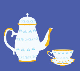 Elegant teapot and cup on blue background with delicate ornament. Porcelain tea set with gold trim and floral pattern. Traditional tea time vector illustration.