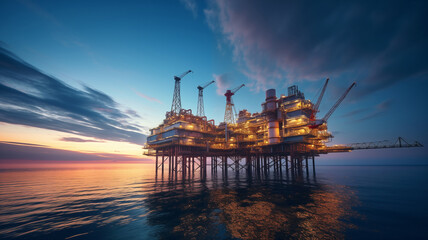 Beautiful sunset evening sky over the oil platform, lost in the Northern European seas, lit with warm plant lights. Petroleum and gas extract and process exploration industry concept wide-angle image - obrazy, fototapety, plakaty