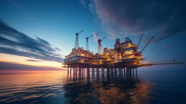Beautiful sunset evening sky over the oil platform, lost in the Northern European seas, lit with warm plant lights. Petroleum and gas extract and process exploration industry concept wide-angle image
