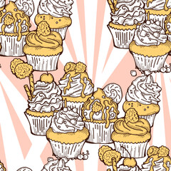 Tasty sweet cupcake dessert decorative seamless vector pattern for textile design, fabric print, digital or wrapping, wall paper, background and backdrop, bakery shop decoration, cafe, restaurant menu