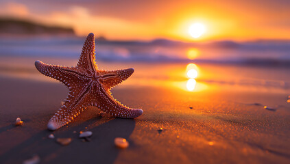 a small starfish sits on the beach during sunset