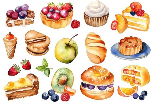 Illustration of fresh bakery items with fruit and cream Isolated on a white background
