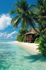 Beautiful tropical island paradise beach. Palm trees, bungalow, soft white sand and turquoise water