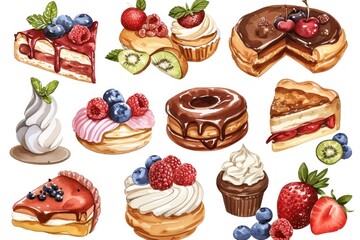 Illustration of fresh bakery items with fruit and cream Isolated on a white background