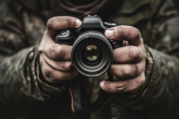 pair of hands holding a DSLR camera