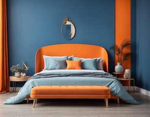 Bed and bench against orange and blue wall with copy space. Art deco interior design of modern bedroom.