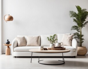 Round coffee table near white sofa against blank wall with copy space. Minimalist cozy home interior design of modern living room.