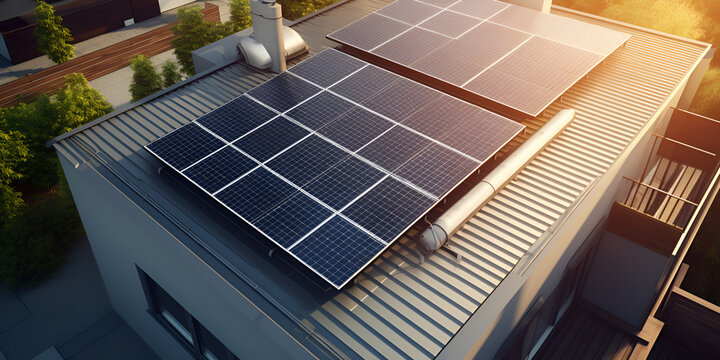 Solar panels on the roof of houses with sun shine and plants on the background Solar Rooftop Image Ai Generative