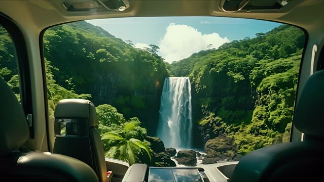 From high above, the cascading waterfall appears to be a flowing ribbon of white against the lush greenery of the landscape. Inside the private jet, passengers are treated to an equally breathtaking