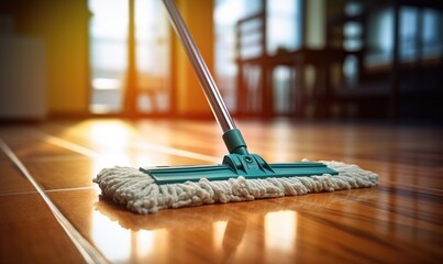 Cleaning wooden floor with mop. Household chores concept.