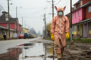 A man in a pink chemical suit walks along an abandoned street surrounded by radioactive mutant animals. Concept: exclusion zones, funny illustration