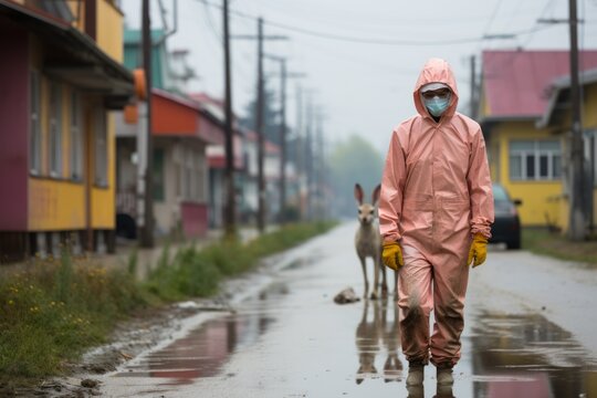 A man in a pink chemical suit walks along an abandoned street surrounded by radioactive mutant animals. Concept: exclusion zones, funny illustration