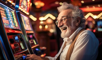 Crazy old man playing on slot machine in casino