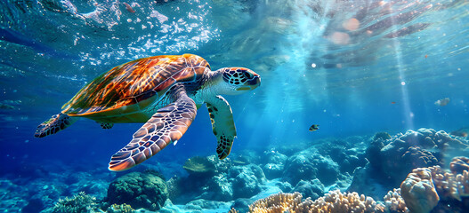 sea turtle swimming in the sea - a turtle swimming and swimming under the ocean, in the style of tropical