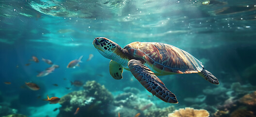 sea turtle swimming in the sea - a turtle swimming and swimming under the ocean, in the style of tropical