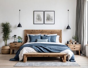 Rustic wooden bed with blue pillows and two bedside cabinets against white wall with three posters frames. Farmhouse interior design of modern bedroom. 