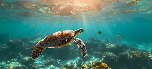Schilderijen op glas sea turtle swimming in the sea - a turtle swimming and swimming under the ocean, in the style of tropical © Lisanne