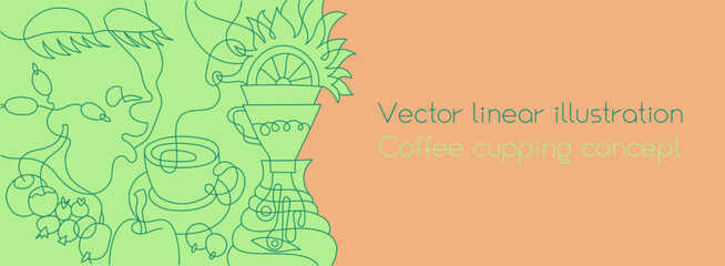 Vector illustration for coffee lovers. Pour over image. Creative surreal illustration with flavor wheel. Coffee shop banner template. Coffee cupping or coffee tasting concept.
