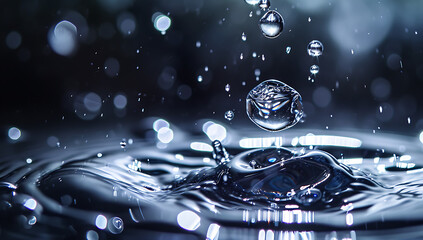 water droplet in a sphere with bubbles over it. - water splashing macro shot. 