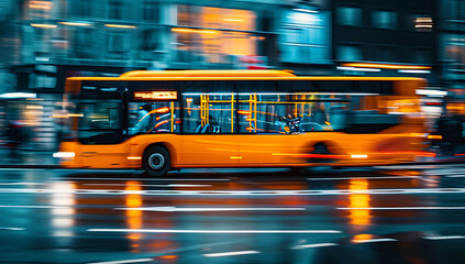 an old yellow / orange bus is driving on a city streets.  - Motion blur at night.