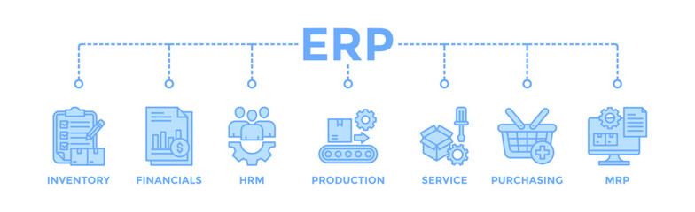 ERP banner web icon vector illustration concept for enterprise resource planning with icon of inventory, financials, hrm, production, service, purchasing, and mrp - obrazy, fototapety, plakaty