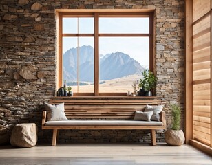 Fototapeta na wymiar Wooden rustic bench near wild stone cladding wall against window. Farmhouse interior design of modern home entryway.