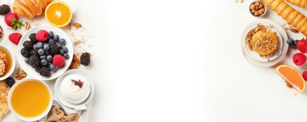 Top view of Healthy breakfast concept with fresh pancakes, berries, fruit on white backgroudt. Free space for your text.