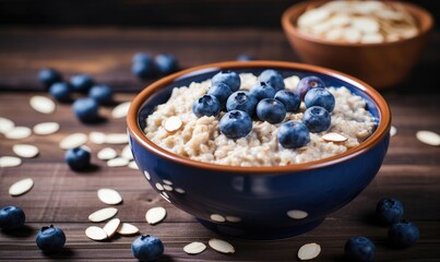 Oatmeal porridge with fresh blueberries and almonds in a bowl on wooden table. Healthy breakfast concept - obrazy, fototapety, plakaty