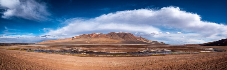 Panoramic view of lagoon in Salar de Tara, Atacama desert, Chile. - obrazy, fototapety, plakaty
