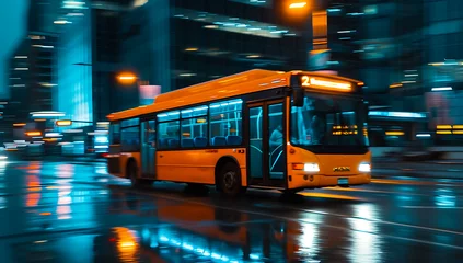  an old yellow / orange bus is driving on a city streets.  - Motion blur at night. © Lisanne