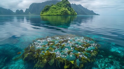 Île paradisiaque masquant un problème : Pollution plastique sous la surface - obrazy, fototapety, plakaty