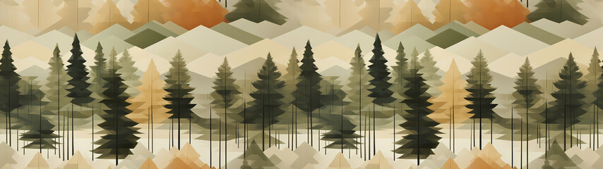 Modern landscape trees seamless pattern in the style of Cubism, Neoplasticism and Bauhaus. Perfect forest for interior design