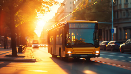 an old yellow / orange bus is driving on a city streets. - At sunset / runrise - obrazy, fototapety, plakaty