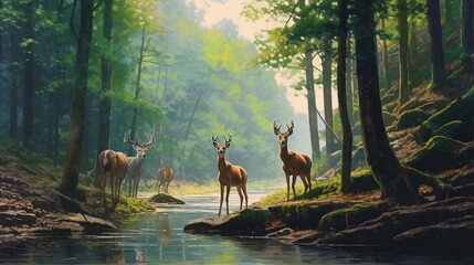 a painting of three deer standing in a forest next Ai Generative - obrazy, fototapety, plakaty