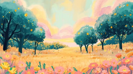grungy noise texture art, beautiful flower blossom field nature landscape, whimsical fantasy fairytale contemporary creative illustration, Generative Ai