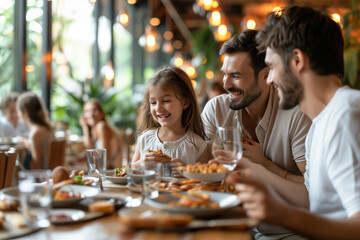Retrato de familia feliz comiendo en el restaurante. Reunion familiar, disfrutando en familia de momentos de vacaciones.