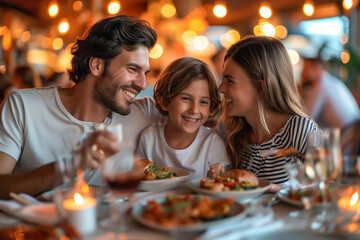 Obraz na płótnie Canvas Retrato de familia feliz comiendo en el restaurante. Reunion familiar, disfrutando en familia de momentos de vacaciones.