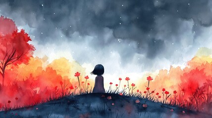grungy noise texture art, a girl on flower field , whimsical fantasy fairytale contemporary creative illustration, Generative Ai