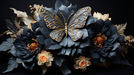 Ornate Butterfly Amidst Dark Floral Arrangement by Generative A.I.