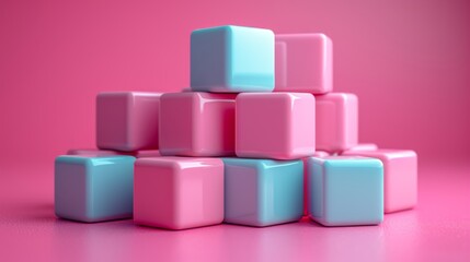 Naklejka premium Structure pyramidale de cubes pastel sur fond rose : Minimalisme élégant