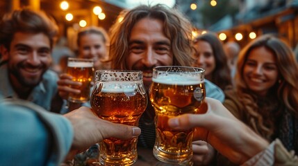 Friends Clinking Glasses in Evening Beer Celebration by Generative A.I."