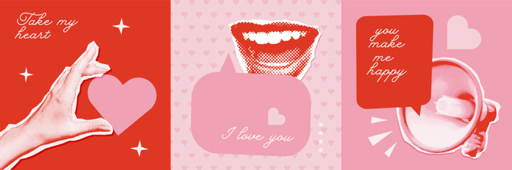 Retro riso Valentine's day collage square covers set. Contemporary art mixed media with halftone hand, megaphone, female mouth. Retro vector illustration with paper stickers.